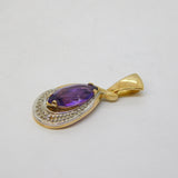 9ct Yellow Gold, Amethyst & Diamond Set Drop Pendant Vintage c1980