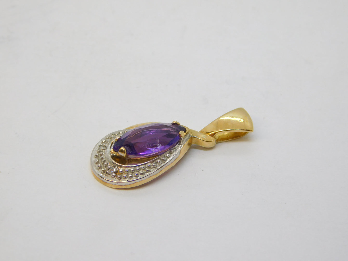 9ct Yellow Gold, Amethyst & Diamond Set Drop Pendant Vintage c1980