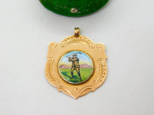 9ct Yellow Gold & Enamel Golf Sporting Fob Medal Antique 1923 Birmingham