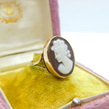 9ct Yellow Gold & Large Shell Female Cameo Ring Vintage 1973 Birmingham