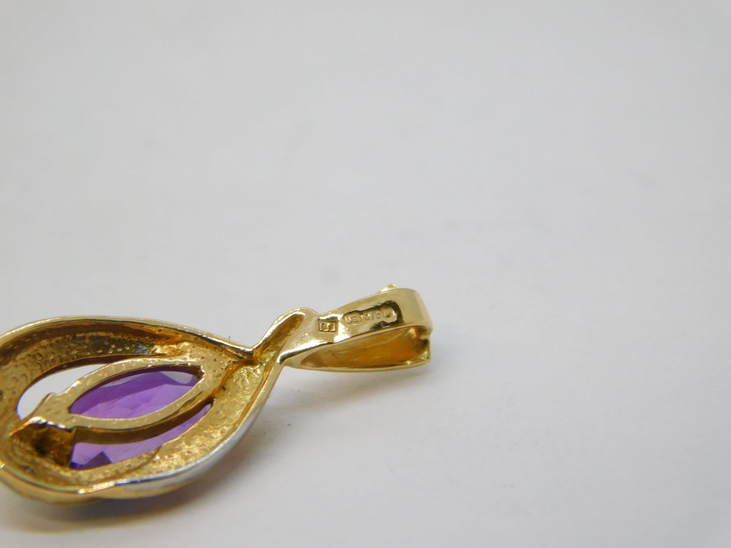 9ct Yellow Gold, Amethyst & Diamond Set Drop Pendant Vintage c1980