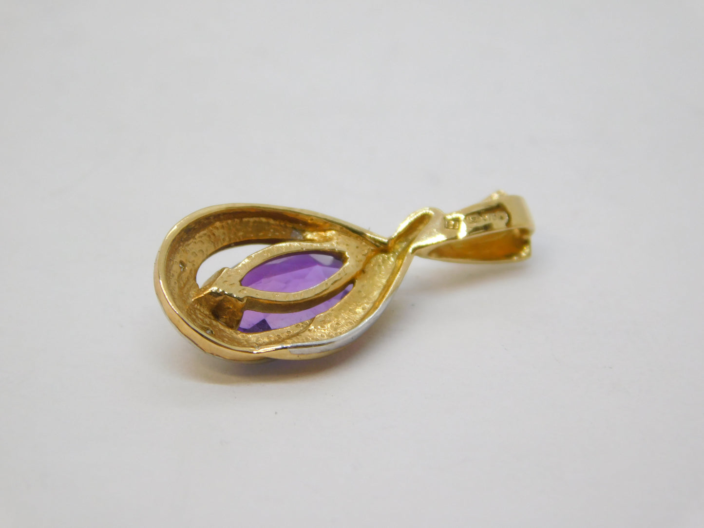 9ct Yellow Gold, Amethyst & Diamond Set Drop Pendant Vintage c1980