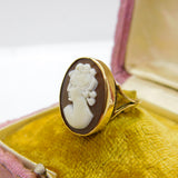 9ct Yellow Gold & Large Shell Female Cameo Ring Vintage 1973 Birmingham