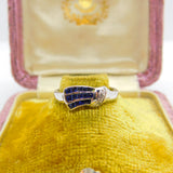 18ct White Gold, Sapphire & Diamond Buckle or Swirl Ring Vintage c1980