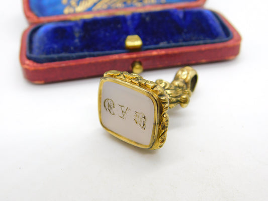 Victorian Rolled Gold Carved Chalcedony Monogram Fob Seal c1860 Antique