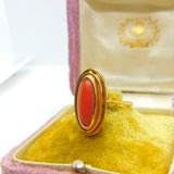 Victorian French 18ct Yellow Gold & Cabochon Red Coral Ring Antique c1860