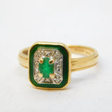 14ct Gold, Enamel, Diamond & Emerald Art Deco Style Ring Vintage 1996 London