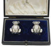 Edwardian Pair of Sterling Silver Teddy Bear Pepper Shakers Antique Birmingham