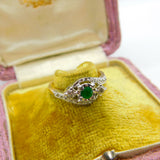 18ct Gold, Emerald & 0.1ct Diamond Crossover Ring Vintage c1990 Size L 1/2 UK