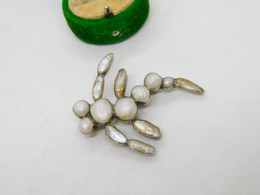 Victorian Sterling Silver & Blistered Pearl Dragonfly Insect Brooch Antique c1880