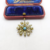 Victorian Sterling Silver Gilt, Seed Pearl & Turquoise Floral Drop Pendant c1890
