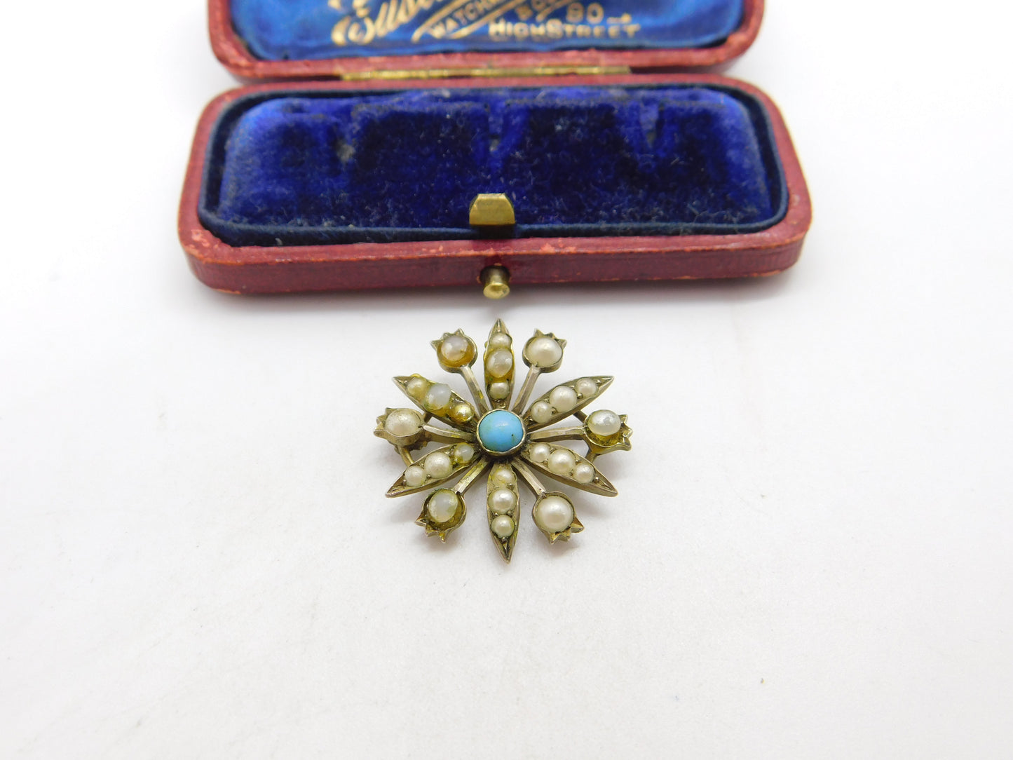 Victorian Sterling Silver Gilt, Seed Pearl & Turquoise Floral Drop Pendant c1890