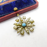 Victorian Sterling Silver Gilt, Seed Pearl & Turquoise Floral Drop Pendant c1890