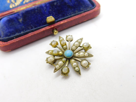 Victorian Sterling Silver Gilt, Seed Pearl & Turquoise Floral Drop Pendant c1890