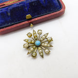 Victorian Sterling Silver Gilt, Seed Pearl & Turquoise Floral Drop Pendant c1890