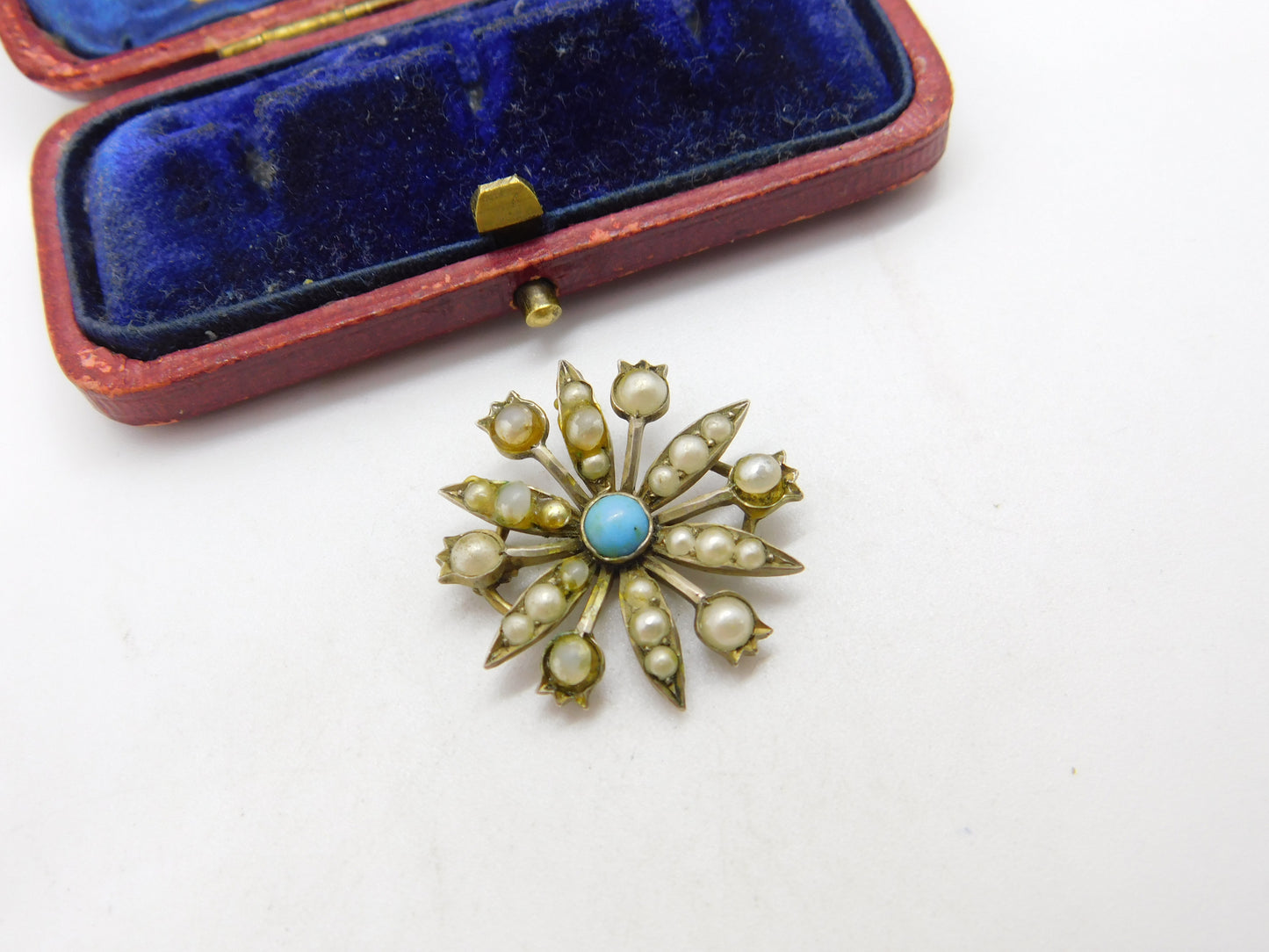 Victorian Sterling Silver Gilt, Seed Pearl & Turquoise Floral Drop Pendant c1890