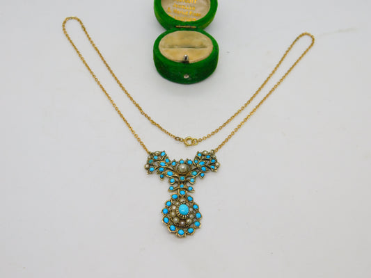 George III Gold & Sterling Silver Gilt Turquoise, Pearl Floral Necklace Antique c1800