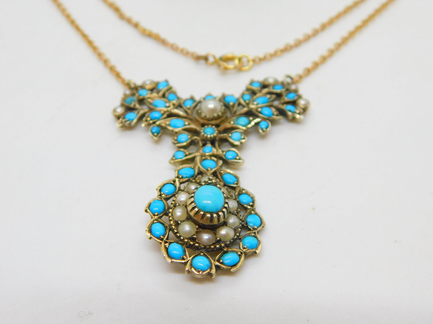 George III Gold & Sterling Silver Gilt Turquoise, Pearl Floral Necklace Antique c1800