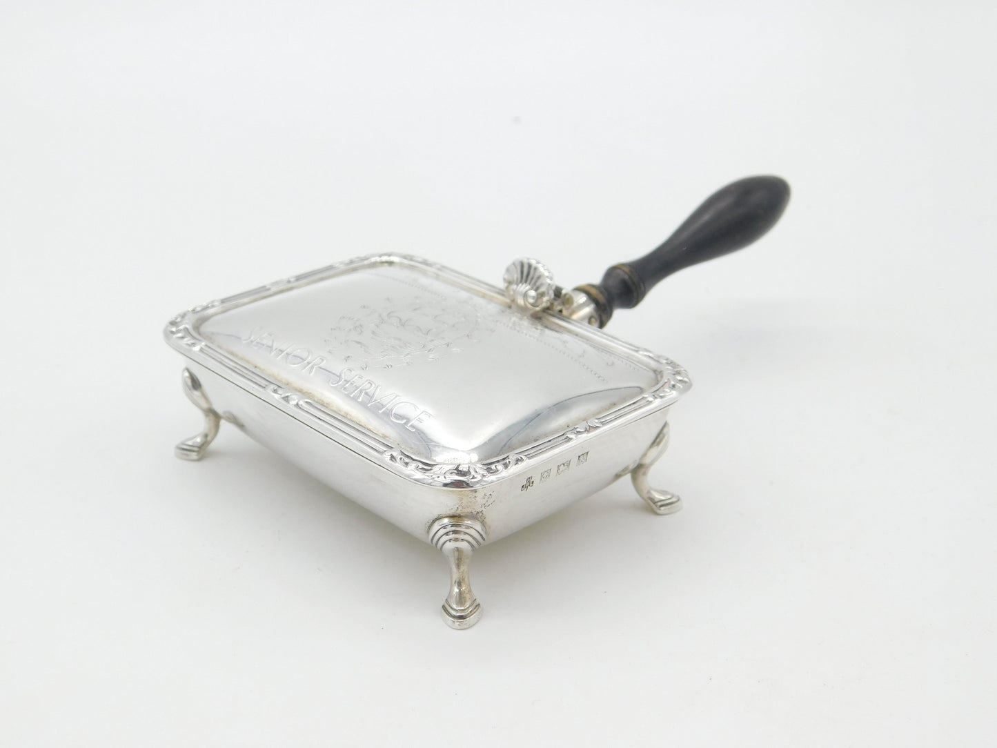 Sterling Silver & Wooden 'Senior Service' Cigarette Ashtray 1959 Mid-Century