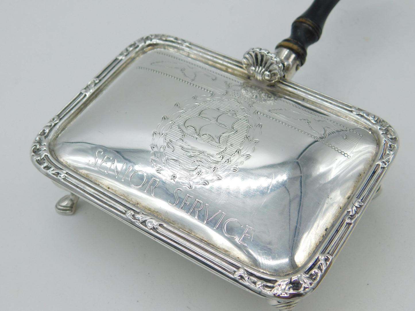 Sterling Silver & Wooden 'Senior Service' Cigarette Ashtray 1959 Mid-Century