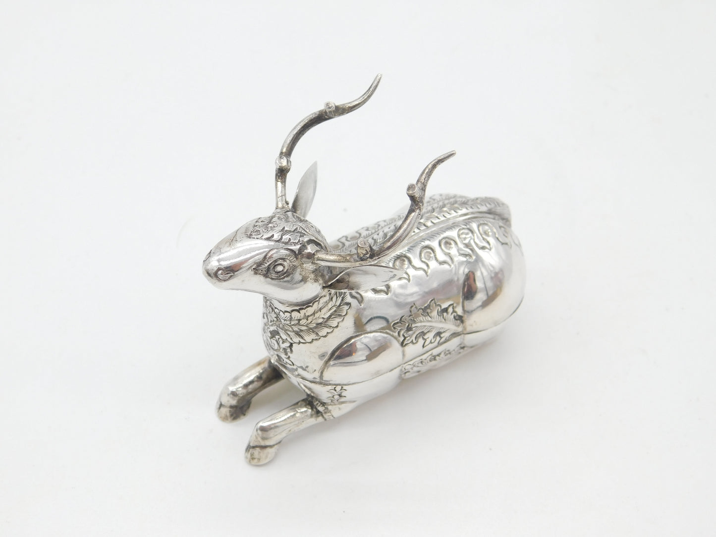 Cambodian Sterling Silver Deer Form Betel Nut Box Antique c1940 Art Deco no