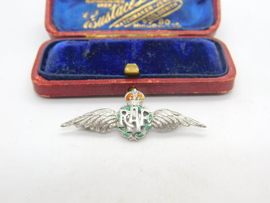 WWII Sterling Silver & Enamel RAF Wings Sweetheart Brooch Antique c1940