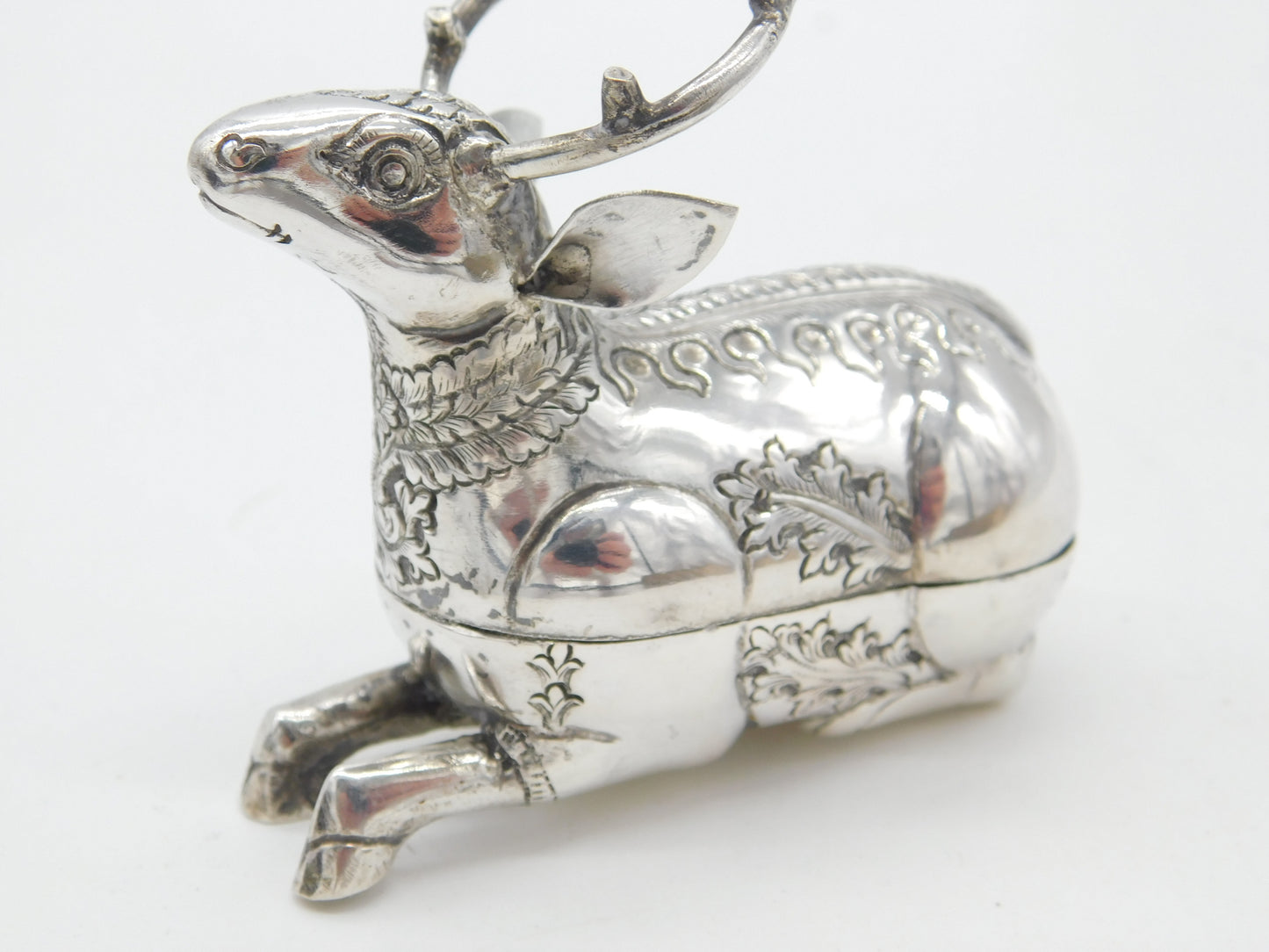 Cambodian Sterling Silver Deer Form Betel Nut Box Antique c1940 Art Deco no