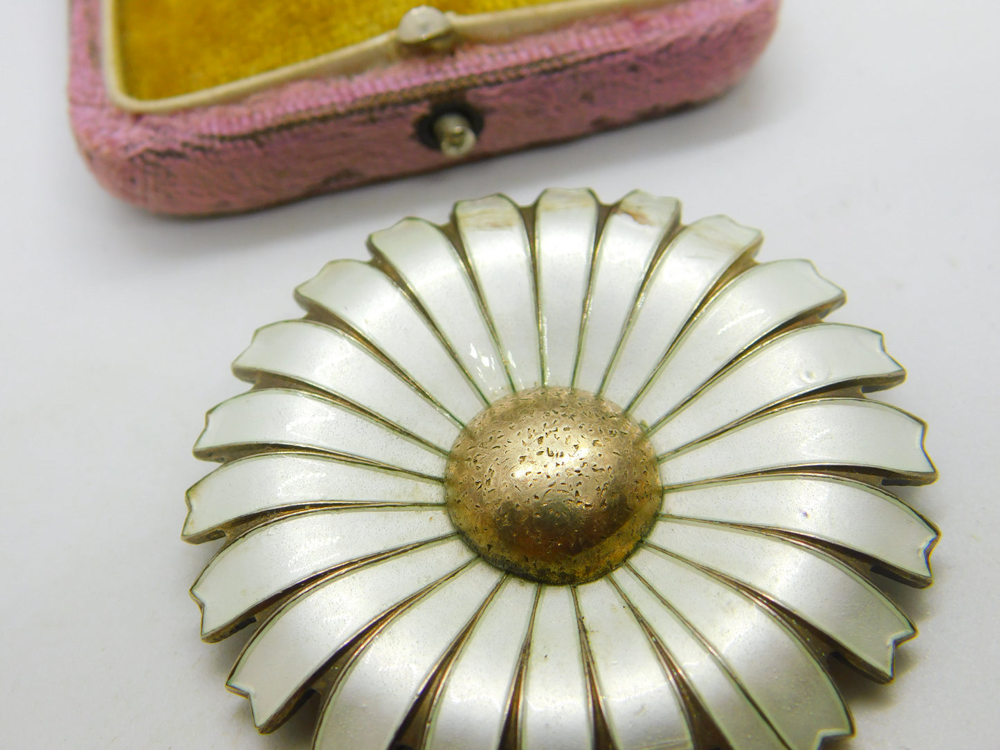 Norwegian Oystein Balle Sterling Silver Enamel Daisy Flower Brooch Antique c1940