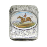 Victorian Sterling Silver & Enamel Galloping Huntsman Vesta Case Antique