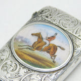Victorian Sterling Silver & Enamel Galloping Huntsman Vesta Case Antique