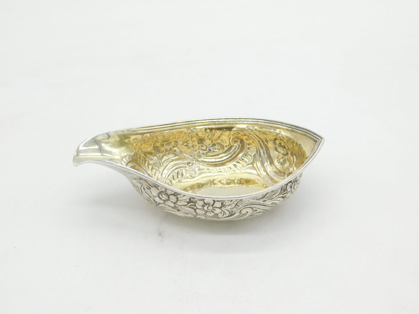 Victorian Sterling Silver Floral Embossed Christening Pap Boat Antique c1860