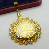 9ct Yellow Gold Queen Victoria Sovereign Style Coin Pendant 1993 Sheffield