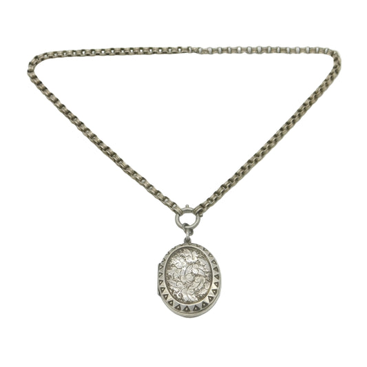 Victorian Sterling Silver Ivy Leaf Pattern Locket Necklace Antique c1880
