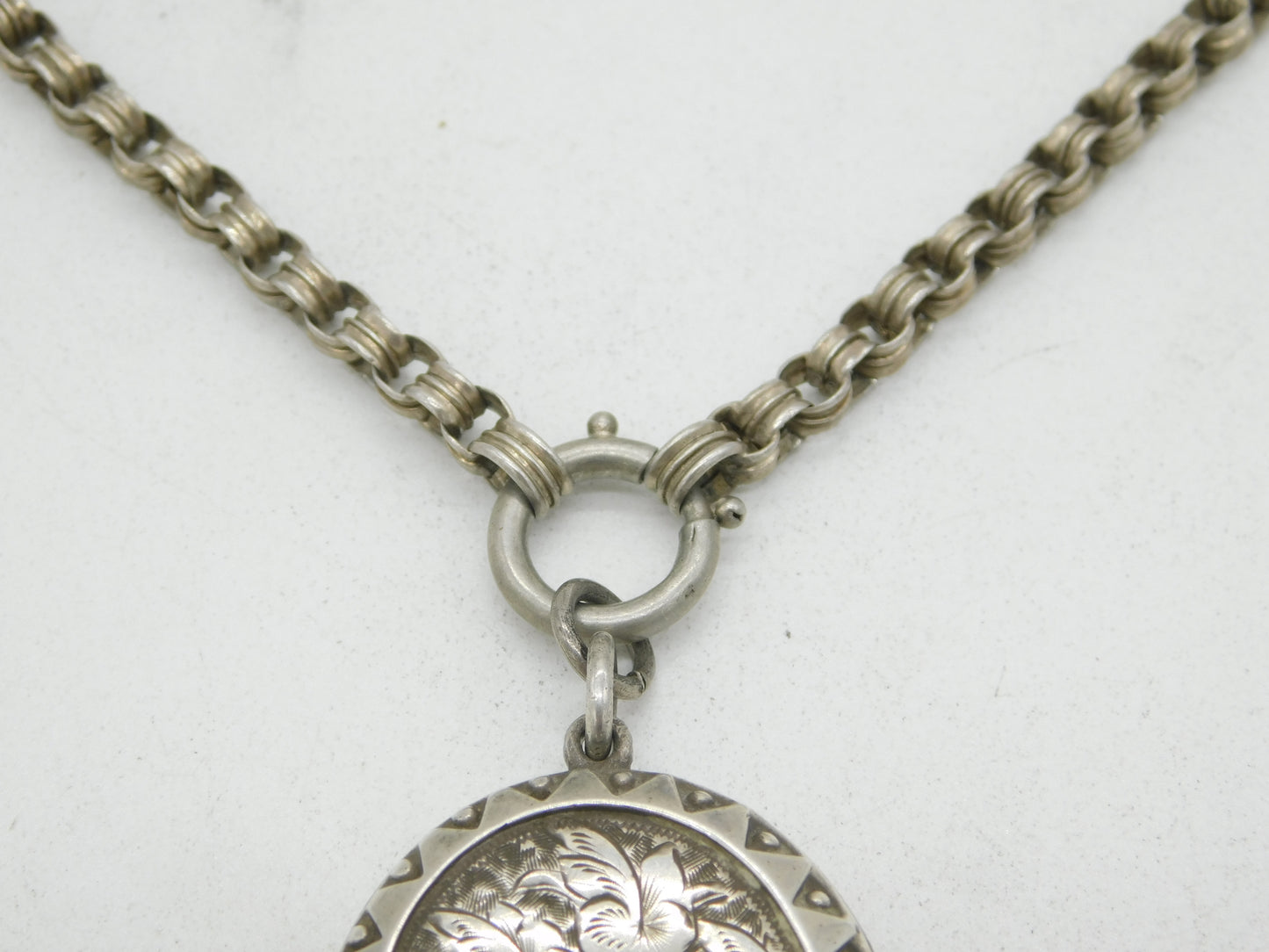 Victorian Sterling Silver Ivy Leaf Pattern Locket Necklace Antique c1880