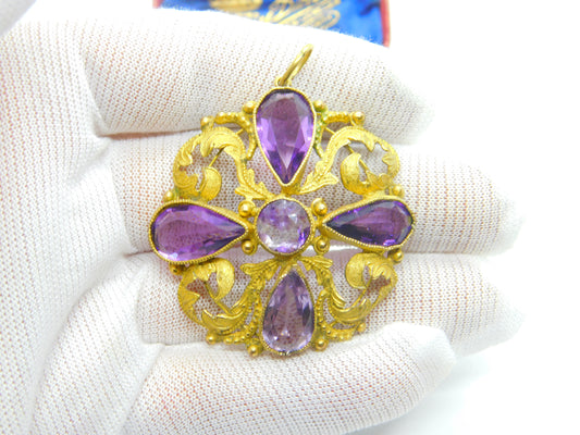 Early Victorian Pinchbeck Gold & Faceted Amethyst Floral Pendant c1860 Antique