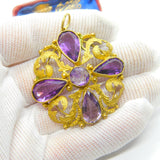 Early Victorian Pinchbeck Gold & Faceted Amethyst Floral Pendant c1860 Antique