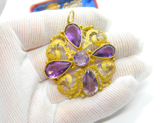 Early Victorian Pinchbeck Gold & Faceted Amethyst Floral Pendant c1860 Antique