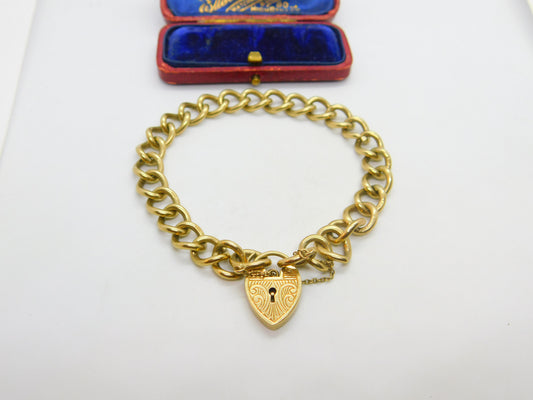 9ct Yellow Gold Curb Link Charm Bracelet Floral Lock Vintage 1968 London