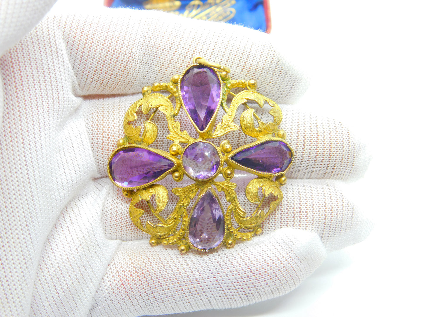 Early Victorian Pinchbeck Gold & Faceted Amethyst Floral Pendant c1860 Antique