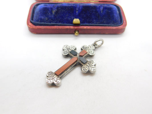 Victorian Scottish Sterling Silver, Agate & Bloodstone Cross Pendant c1860