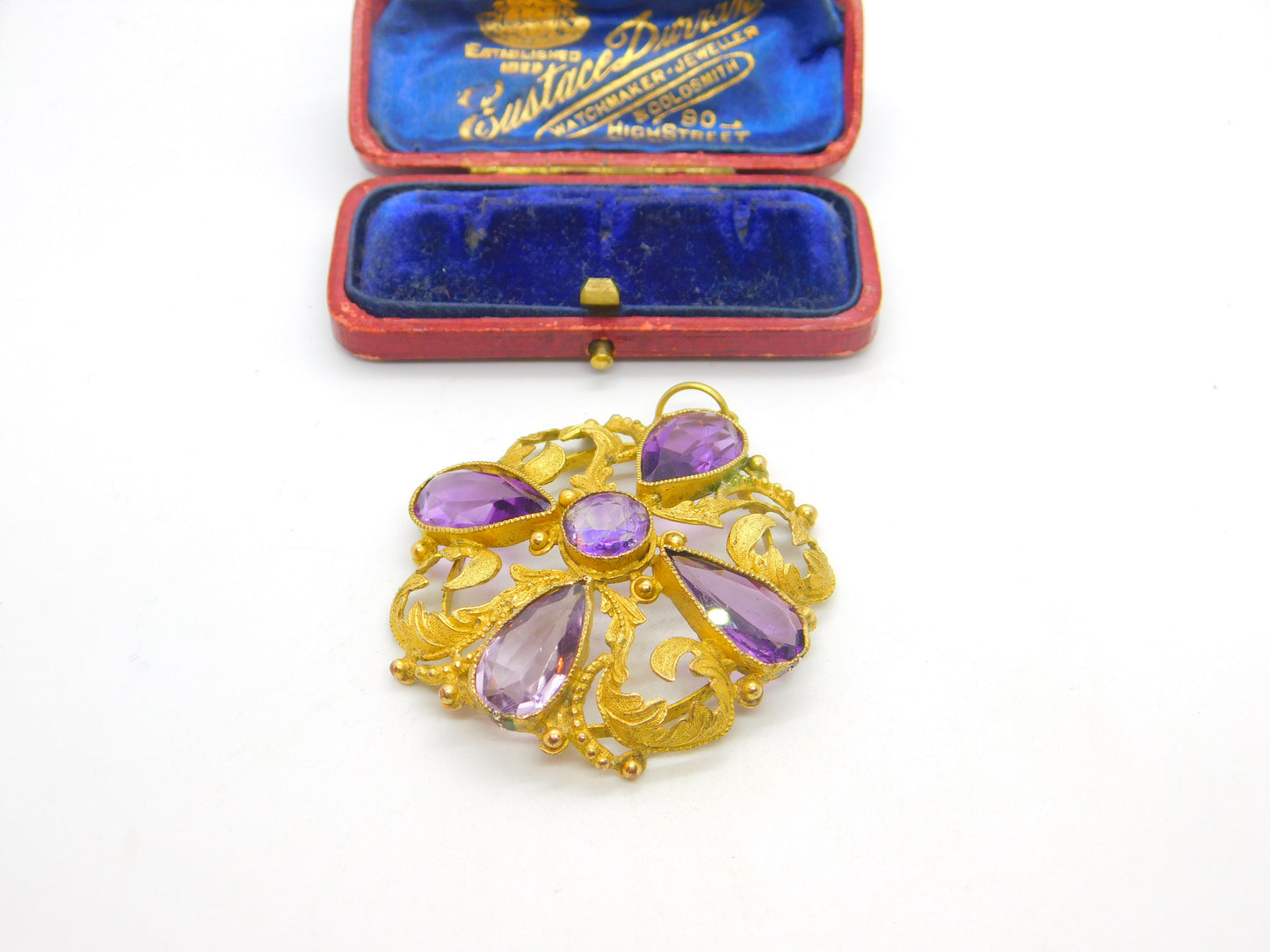 Early Victorian Pinchbeck Gold & Faceted Amethyst Floral Pendant c1860 Antique