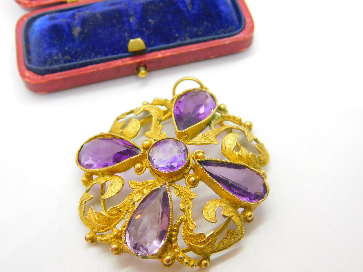 Early Victorian Pinchbeck Gold & Faceted Amethyst Floral Pendant c1860 Antique