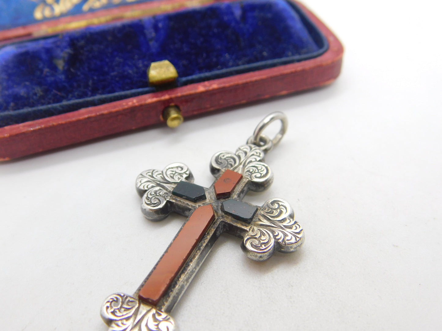 Victorian Scottish Sterling Silver, Agate & Bloodstone Cross Pendant c1860