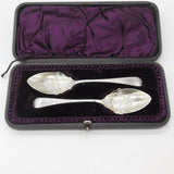 Boxed Pair of Victorian Sterling Silver Berry Spoons 1894 Sheffield Antique