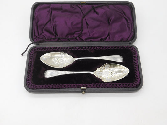 Boxed Pair of Victorian Sterling Silver Berry Spoons 1894 Sheffield Antique