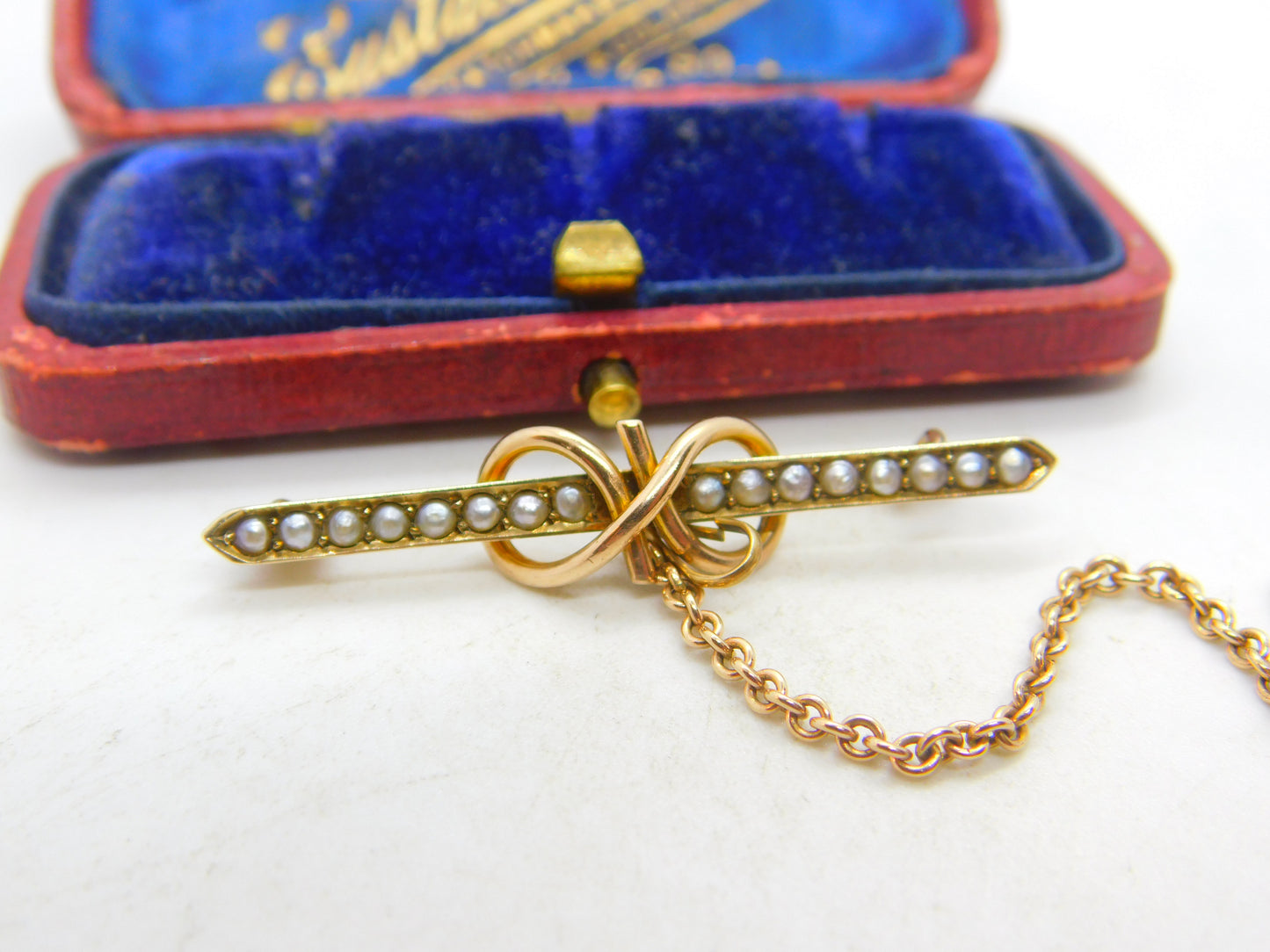 Edwardian 9ct Gold & Seed Pearl Set Lovers Knot Brooch Antique c1910