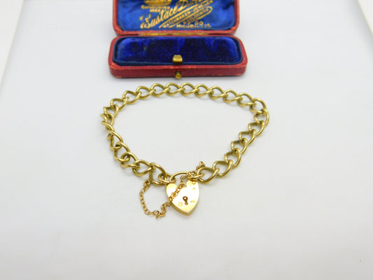 9ct Yellow Gold Curb Link Charm Bracelet Heart Lock Clasp 1977 Birmingham
