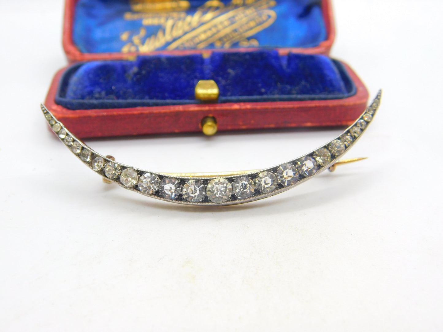 Victorian 9ct Gold & Silver Set Paste Set Crescent Moon Brooch c1860 Antique