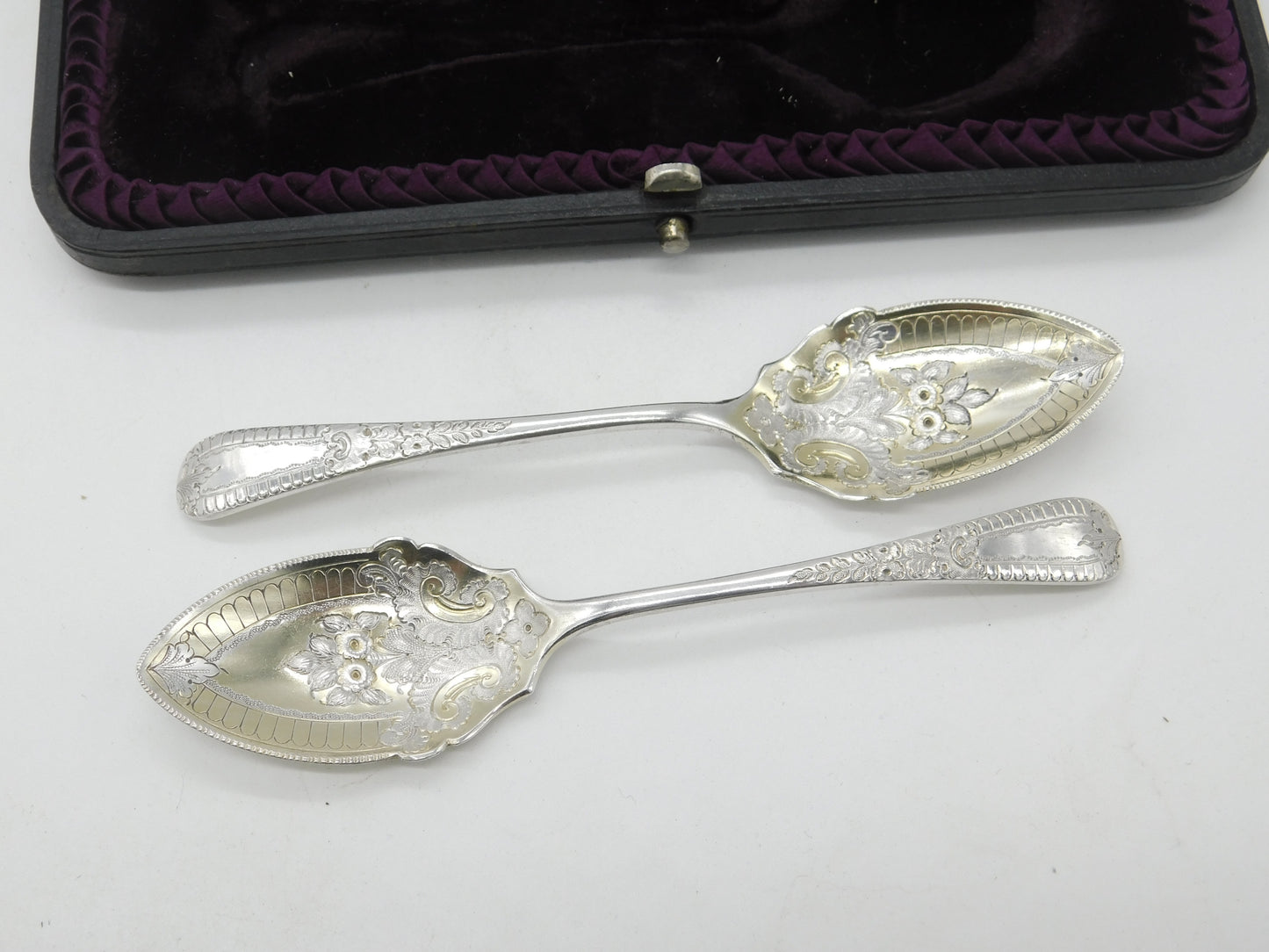 Boxed Pair of Victorian Sterling Silver Berry Spoons 1894 Sheffield Antique