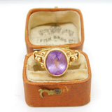 9ct Yellow Gold Amethyst Set Dress Ring Greek Maze Detail Vintage c1990